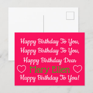 Pink and Green Happy Birthday Song Personalised Postcard