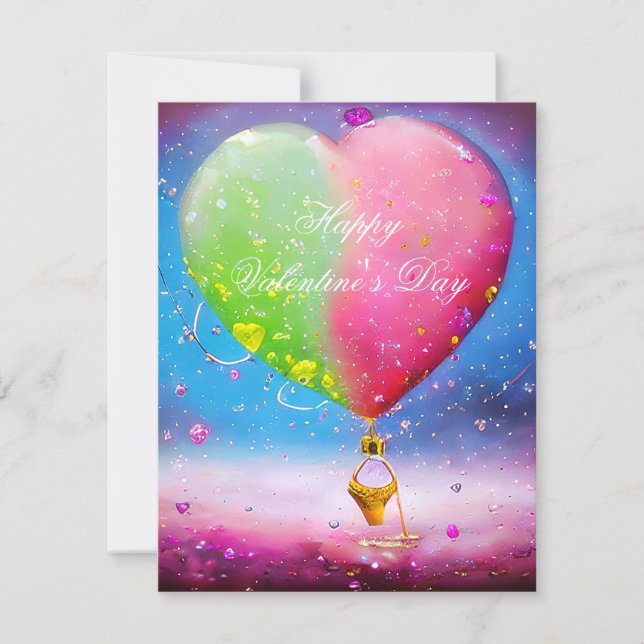 Pink and green heart air balloon valentine  holiday card (Front)