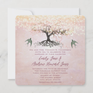 Pink and Green Heart Leaf Tree Love Bird Wedding Invitation