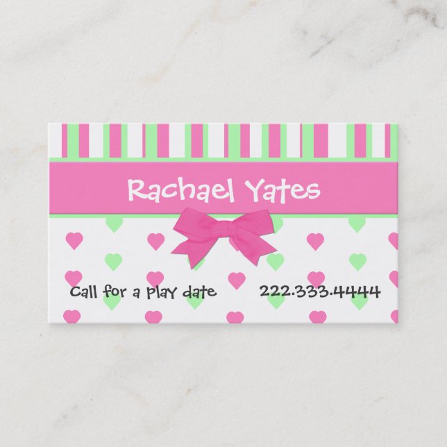 Pink and Green Hearts and Stripes Play Date Card (Front)