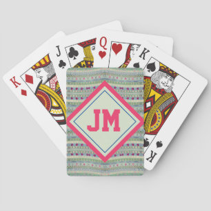 Pink and Green Hearts Pattern and Your Initials Playing Cards
