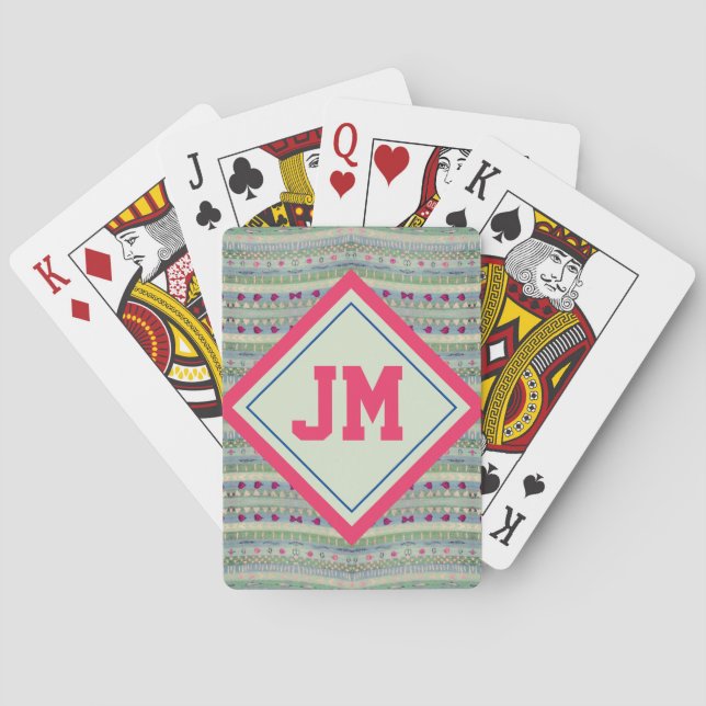 Pink and Green Hearts Pattern and Your Initials Playing Cards (Back)