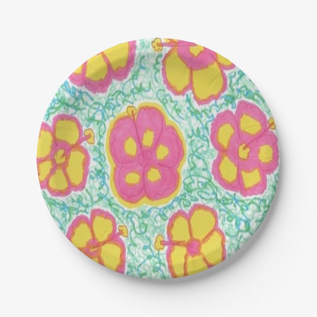 Pink and Green Hibiscus Print Paper Plates (Front)