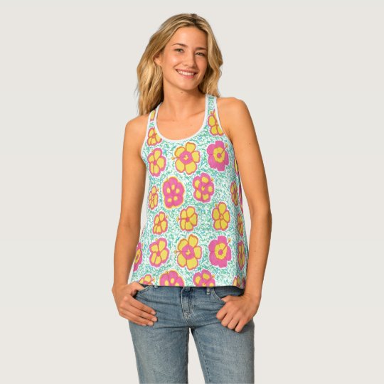 Pink and Green Hibiscus Racer-back Tank