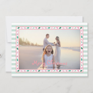 Pink and Green Holly Leaves Border Family Photo Holiday Card