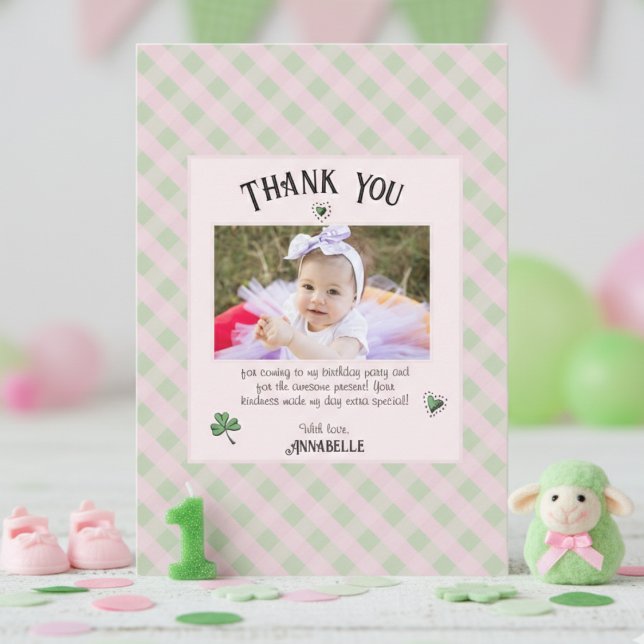 Pink and Green Irish Kids Birthday Thank You Card (Pink St Patrick's Day First Birthday Thank You Card for Baby Girl. Irish Lucky One Card for Kids)