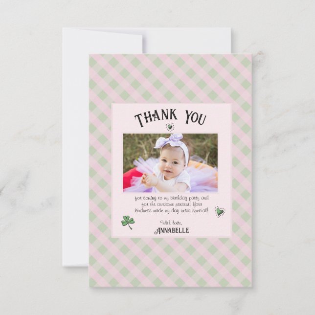 Pink and Green Irish Kids Birthday Thank You Card (Front)