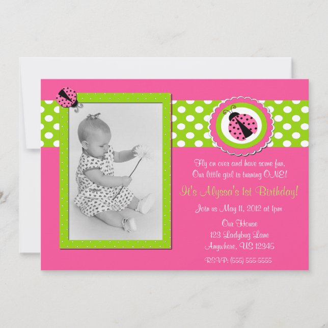 Pink and Green Ladybug Girls Birthday Invitation (Front)