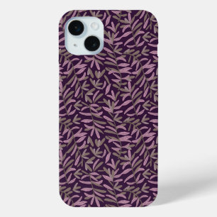  Pink and Green Leaf Pattern on Dark Purple Back iPhone 15 Mini Case