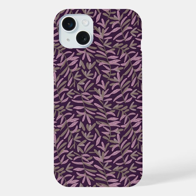  Pink and Green Leaf Pattern on Dark Purple Back iPhone Case (Back)