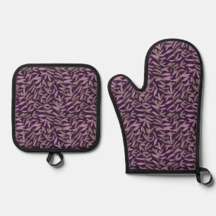 Pink and Green Leaf Pattern on Dark Purple Back Oven Mitt & Pot Holder Set