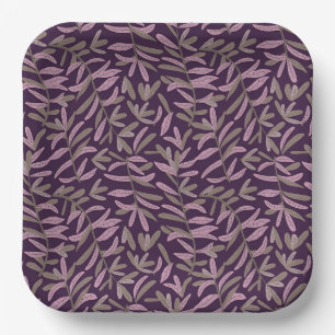 Pink and Green Leaf Pattern on Dark Purple Back Paper Plate