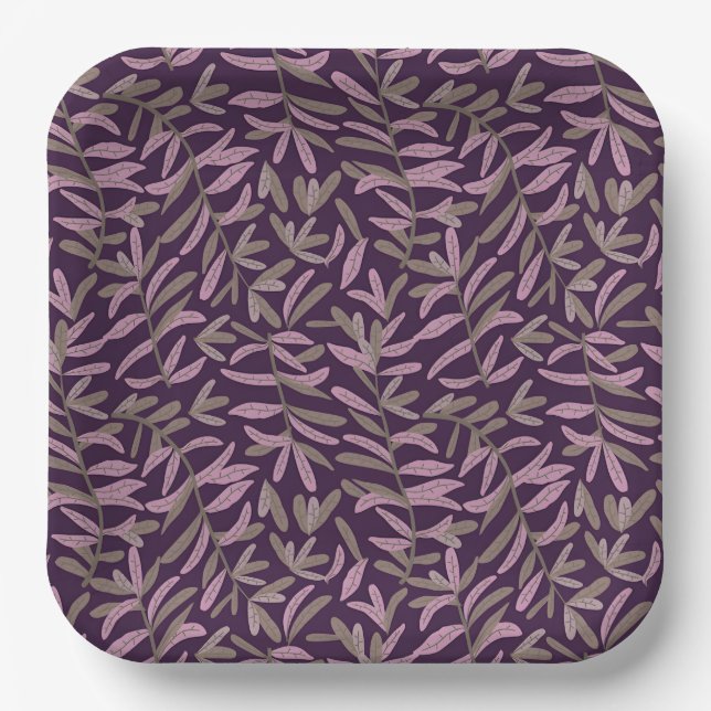  Pink and Green Leaf Pattern on Dark Purple Back Paper Plate (Front)