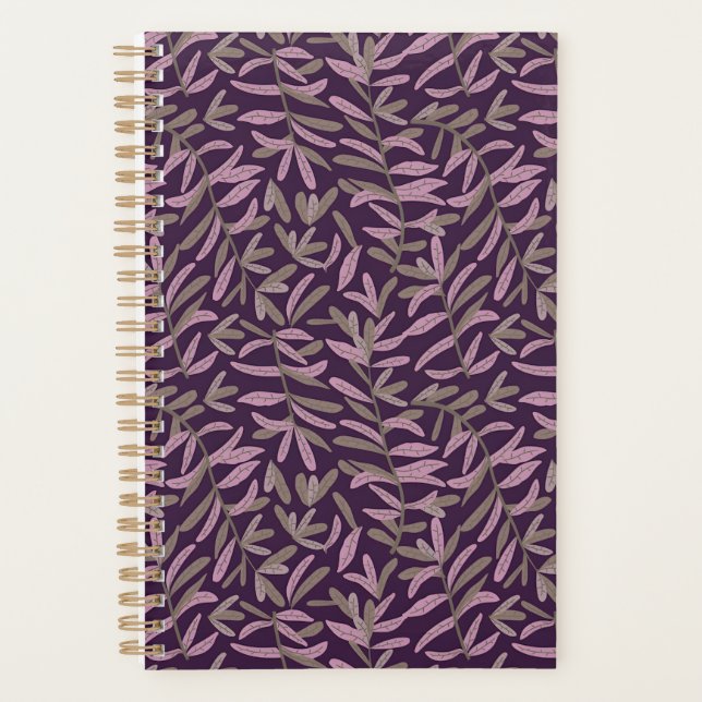  Pink and Green Leaf Pattern on Dark Purple Back Planner (Front)