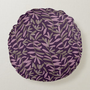  Pink and Green Leaf Pattern on Dark Purple Back Round Cushion