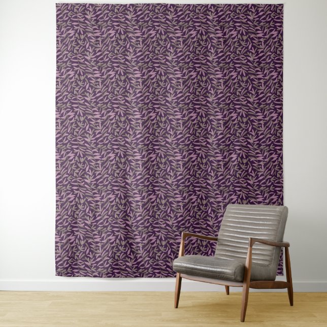  Pink and Green Leaf Pattern on Dark Purple Back Tapestry (In Situ)