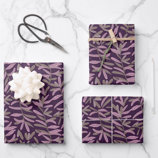  Pink and Green Leaf Pattern on Dark Purple Back Wrapping Paper Sheet (Front)