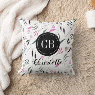 Pink and Green Leaves and Fruits Monogram and Name Cushion