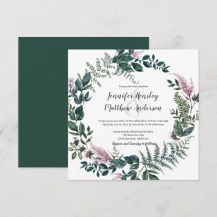 Pink and Green Leaves Stems Ferns Wreath    Invitation