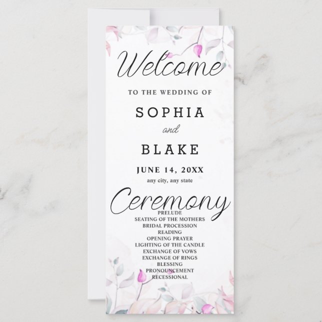 Pink and Green Leaves White Wedding Program (Front)