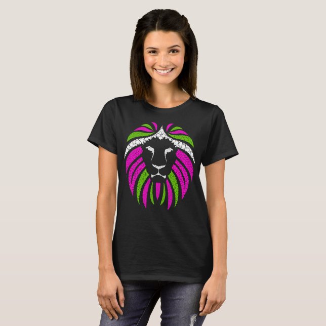 Pink and Green Lion T-shirt (Black Shirt) (Front Full)