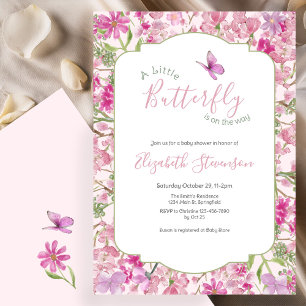 Pink and Green Little Butterfly Floral Baby Shower Invitation