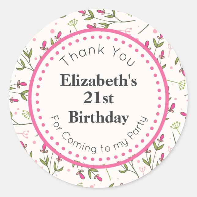 Pink and Green Long Stem Wildflowers Birthday Classic Round Sticker (Front)