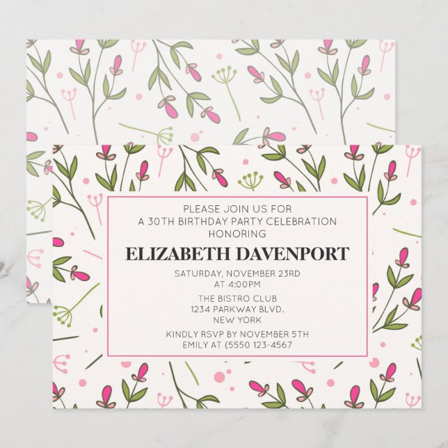 Pink and Green Long Stem Wildflowers Birthday Invitation (Front/Back)