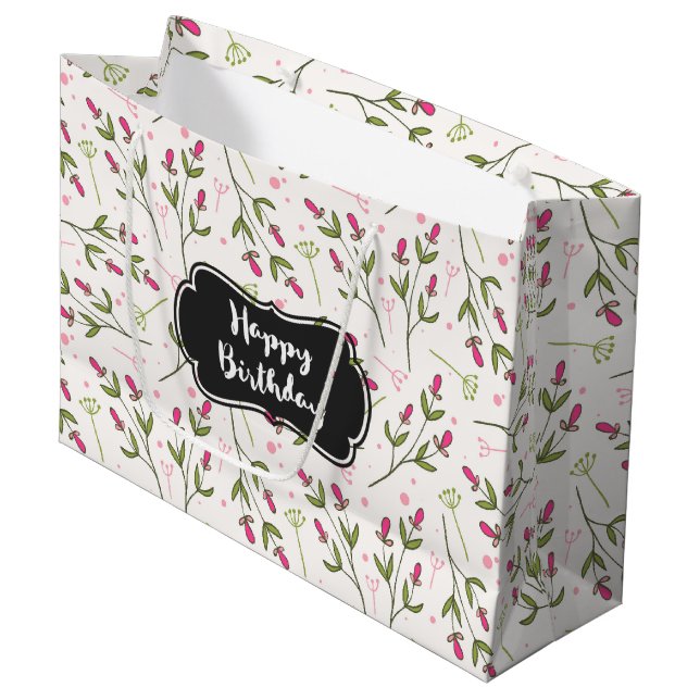 Pink and Green Long Stem Wildflowers Birthday Large Gift Bag (Front Angled)
