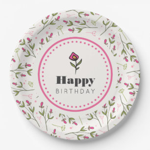 Pink and Green Long Stem Wildflowers Birthday Paper Plate