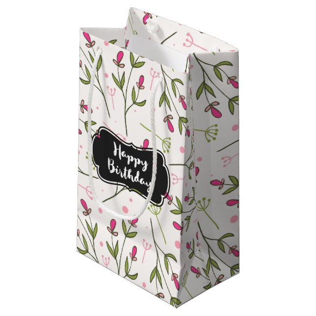 Pink and Green Long Stem Wildflowers Birthday Small Gift Bag (Front Angled)