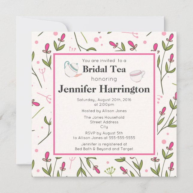 Pink and Green Long Stem Wildflowers Bridal Tea Invitation (Front)