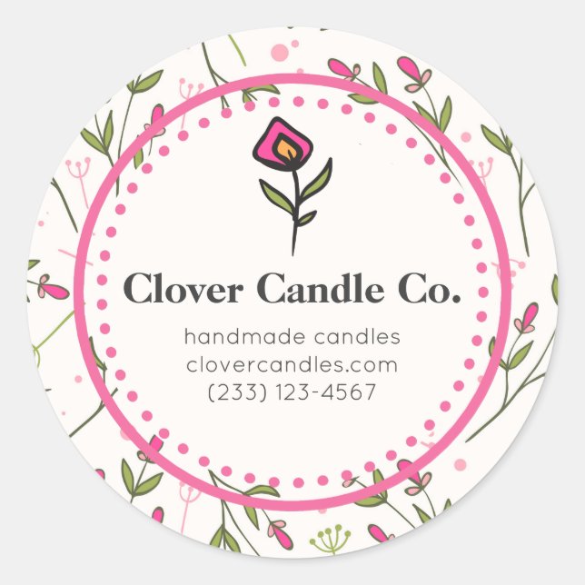 Pink and Green Long Stem Wildflowers Business Classic Round Sticker (Front)
