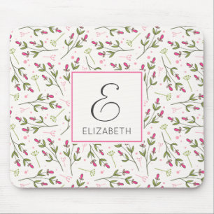 Pink and Green Long Stem Wildflowers Monogram Mouse Mat