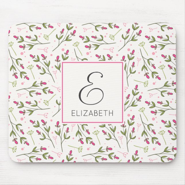 Pink and Green Long Stem Wildflowers Monogram Mouse Mat (Front)