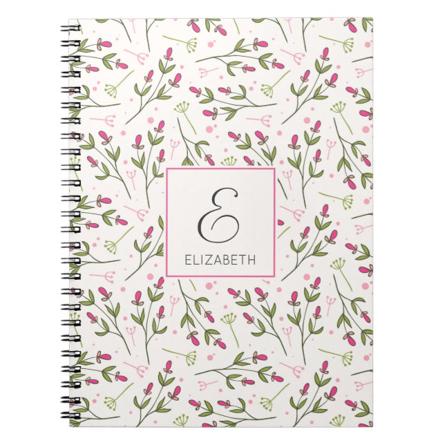 Pink and Green Long Stem Wildflowers Monogram Notebook (Front)