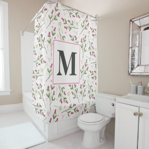 Pink and Green Long Stem Wildflowers Monogram Shower Curtain