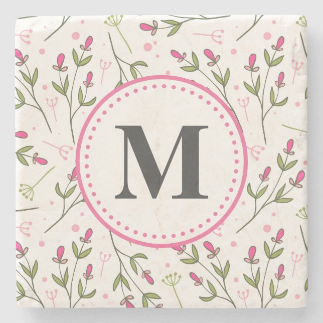 Pink and Green Long Stem Wildflowers Monogram Stone Coaster (Front)