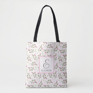 Pink and Green Long Stem Wildflowers Monogram Tote Bag