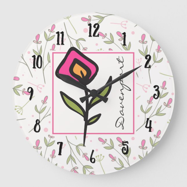 Pink and Green Long Stem Wildflowers Personalised Large Clock (Front)