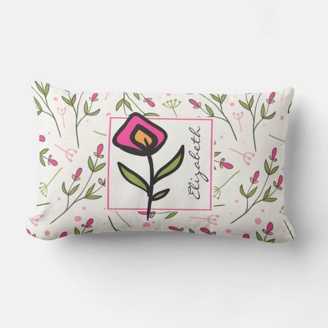 Pink and Green Long Stem Wildflowers Personalised Lumbar Cushion (Front)