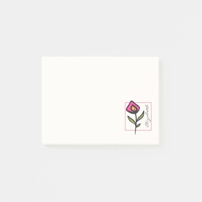 Pink and Green Long Stem Wildflowers Personalised Post-it Notes (Front)