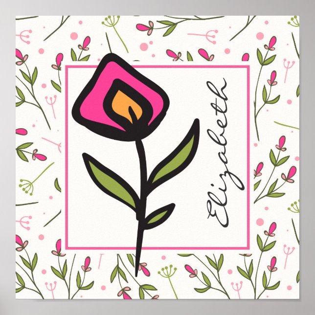 Pink and Green Long Stem Wildflowers Personalised Poster (Front)