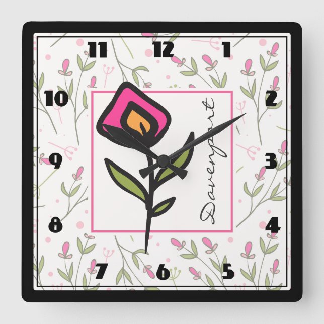 Pink and Green Long Stem Wildflowers Personalised Square Wall Clock (Front)