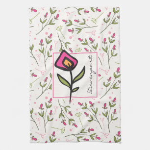 Pink and Green Long Stem Wildflowers Personalised Tea Towel