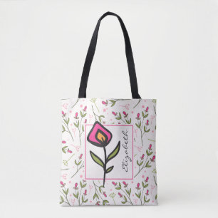 Pink and Green Long Stem Wildflowers Personalised Tote Bag