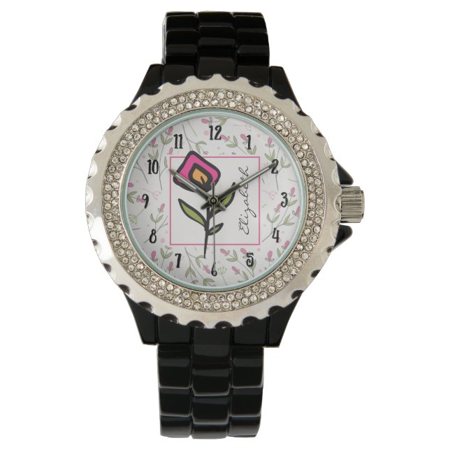 Pink and Green Long Stem Wildflowers Personalised Watch (Front)