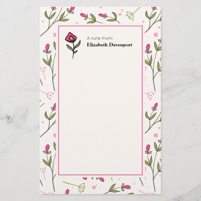 Pink and Green Long Stem Wildflowers Stationery (Front)