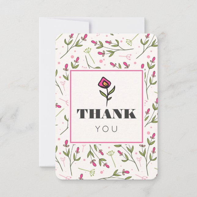 Pink and Green Long Stem Wildflowers Thank You Card (Front)