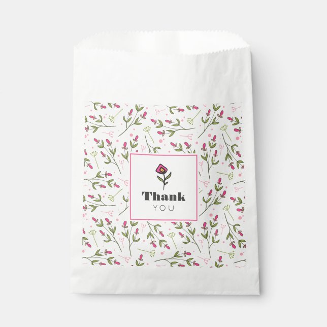 Pink and Green Long Stem Wildflowers Thank You Favour Bags (Front)
